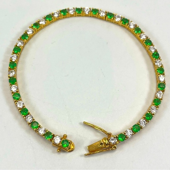 Gold Tone Green White Peridot Diamond CZ Tennis Bracelet Elegant Evening Formal - Picture 1 of 6